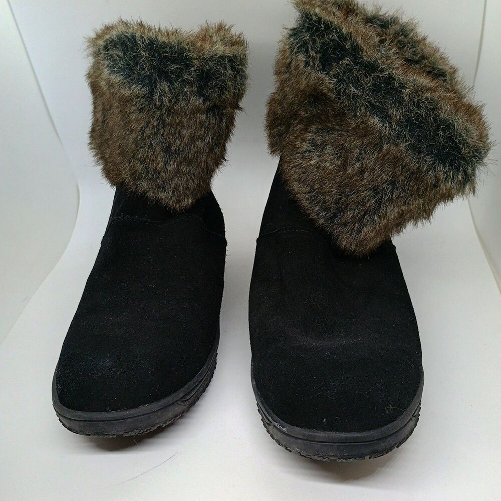 MINNETONKA Suede Ankle Boots Faux Fur Lined Black Womens Sz 8M Style#85240